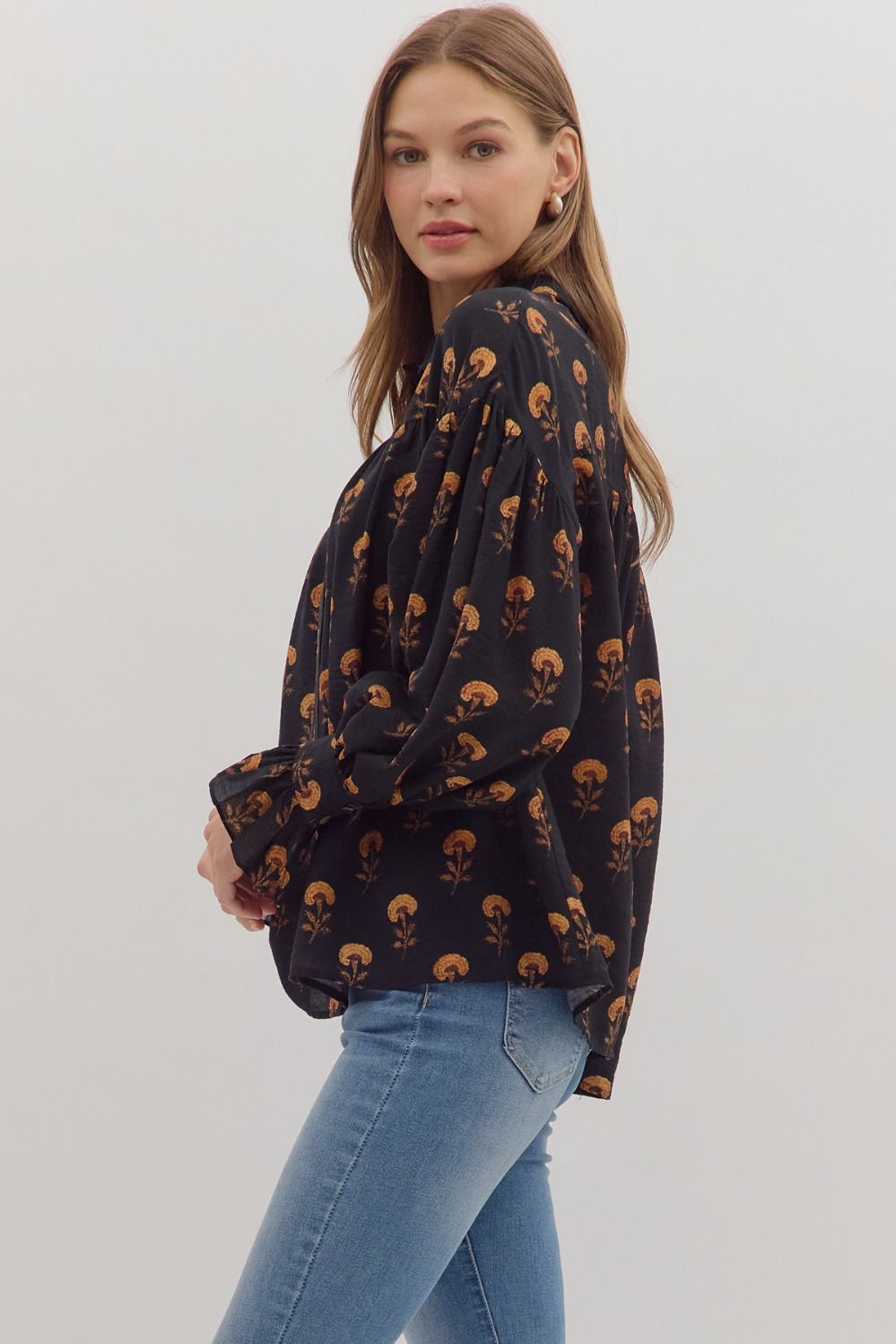 Black Fall Floral Long Sleeve Top