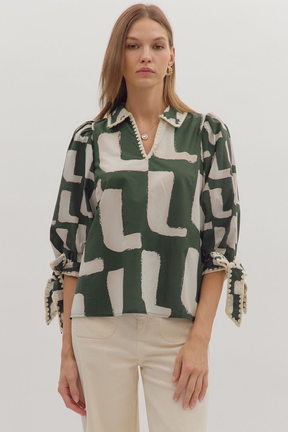 Olive Abstract Top with Bow Sleeve