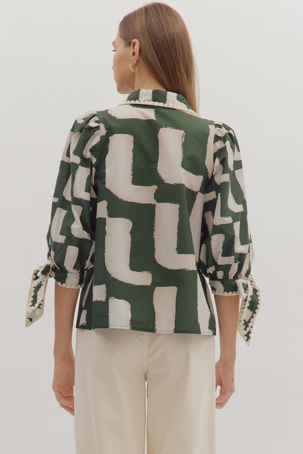 Olive Abstract Top with Bow Sleeve