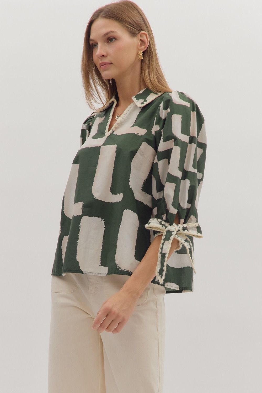 Olive Abstract Top with Bow Sleeve