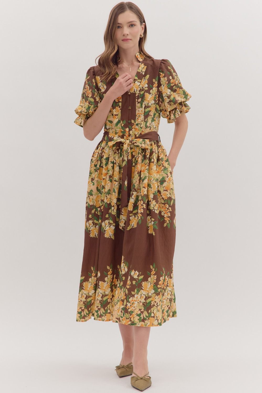 Espresso Fall Floral Midi Tie Dress