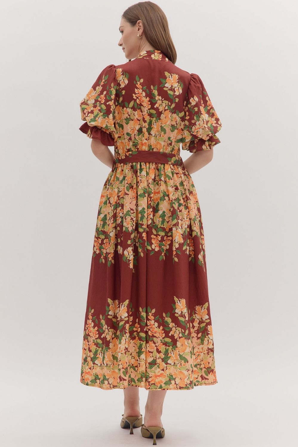 Espresso Fall Floral Midi Tie Dress