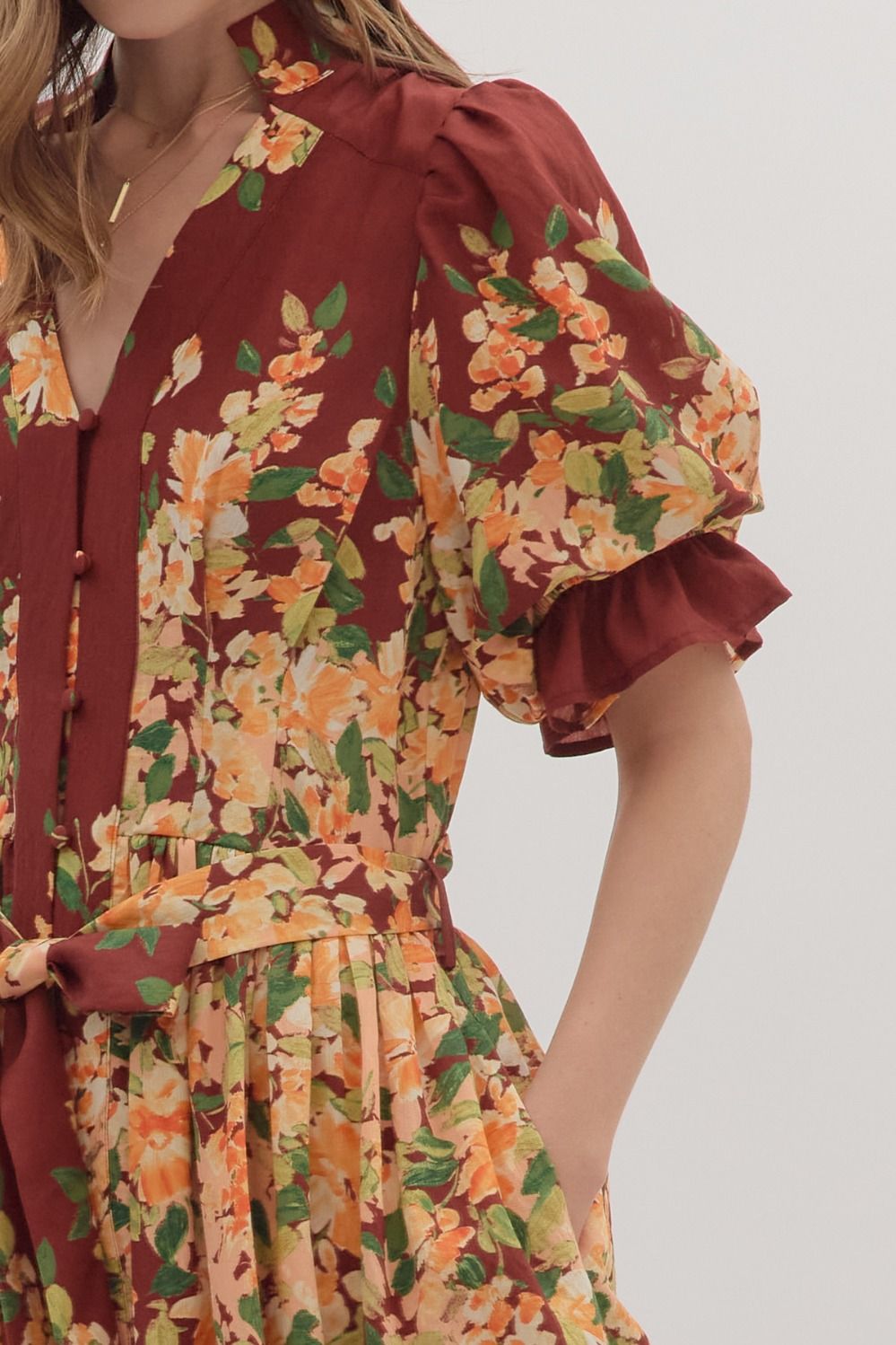 Espresso Fall Floral Midi Tie Dress