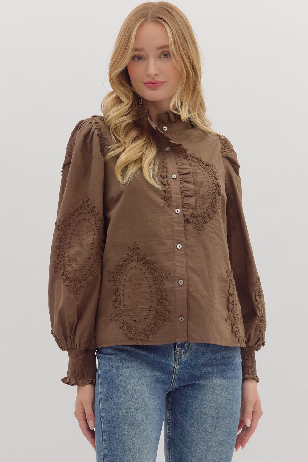 Chocolate Long Sleeve Floral Appliqué Top