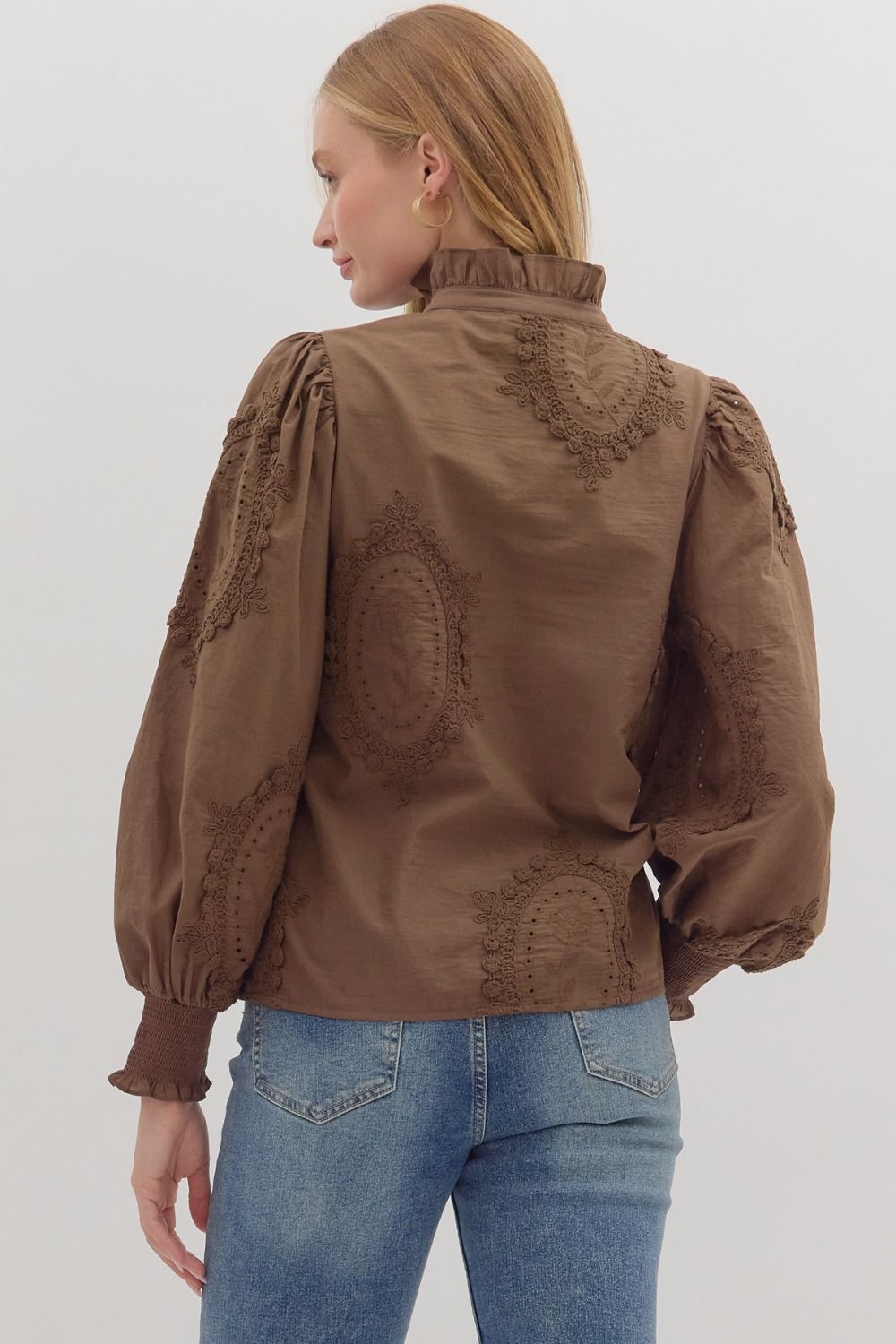 Chocolate Long Sleeve Floral Appliqué Top