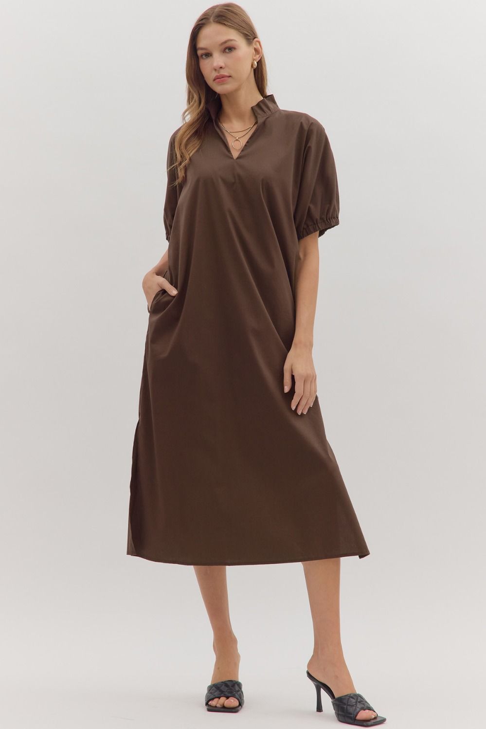Brown Solid V-neck Midi-Dress