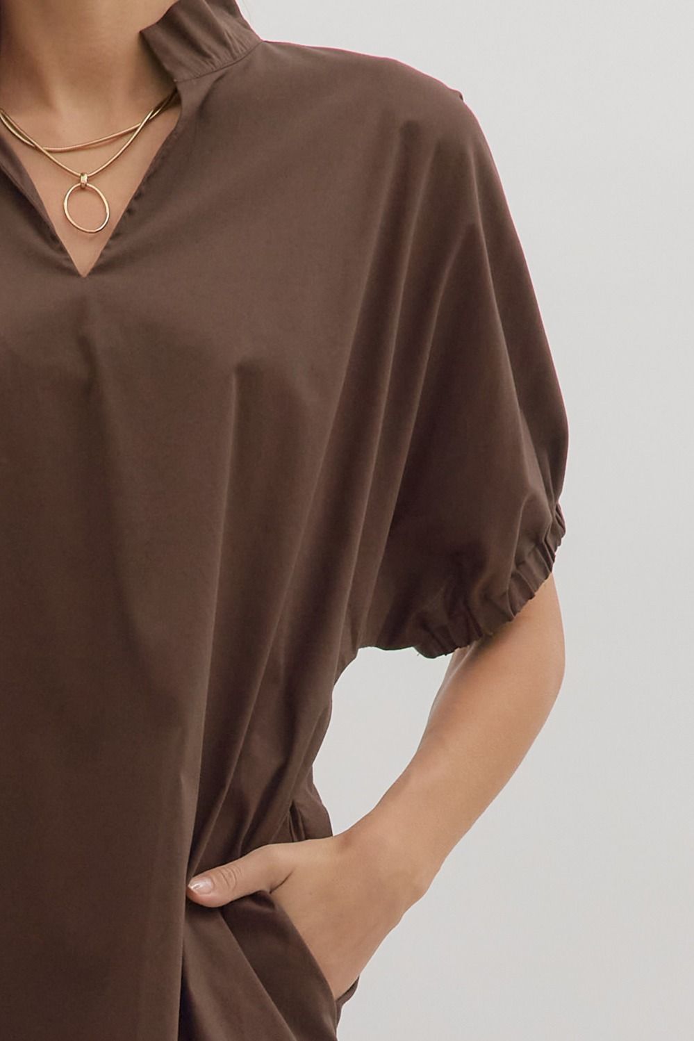 Brown Solid V-neck Midi-Dress