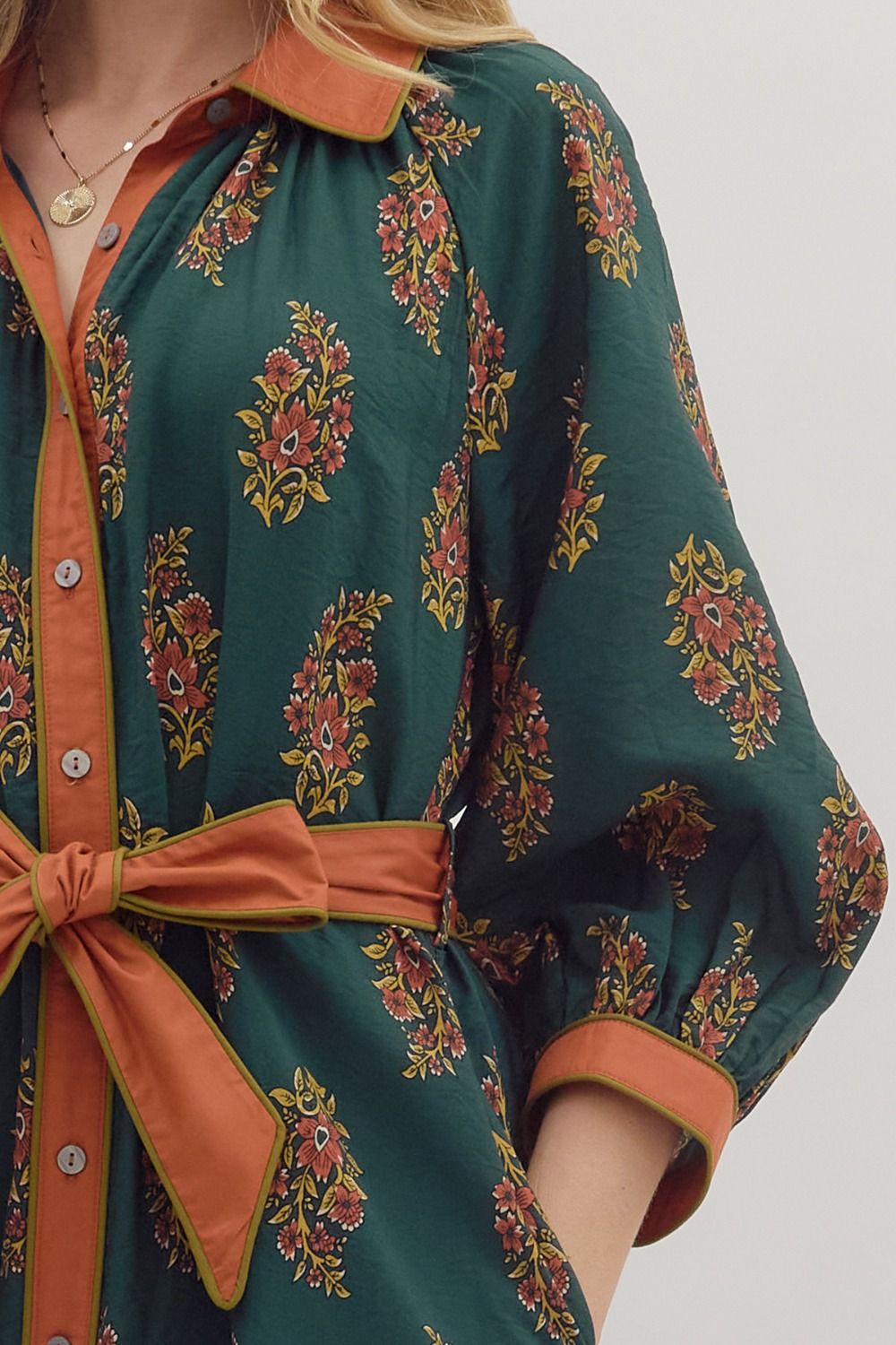 Hunter Green & Orange Floral Midi-Dress