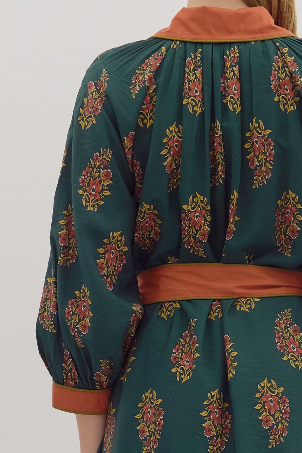 Hunter Green & Orange Floral Midi-Dress