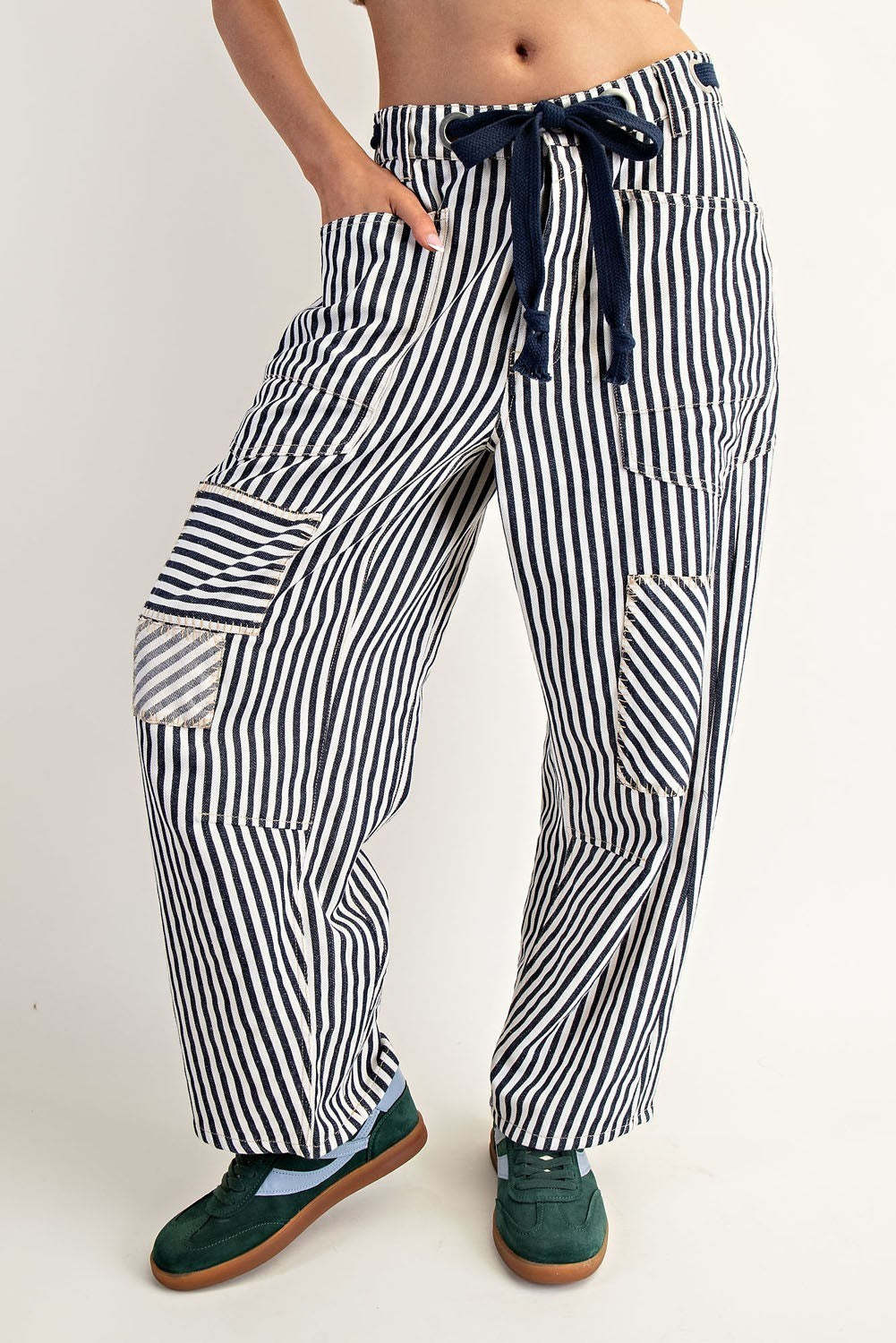 Striped Barrel Pants - Navy