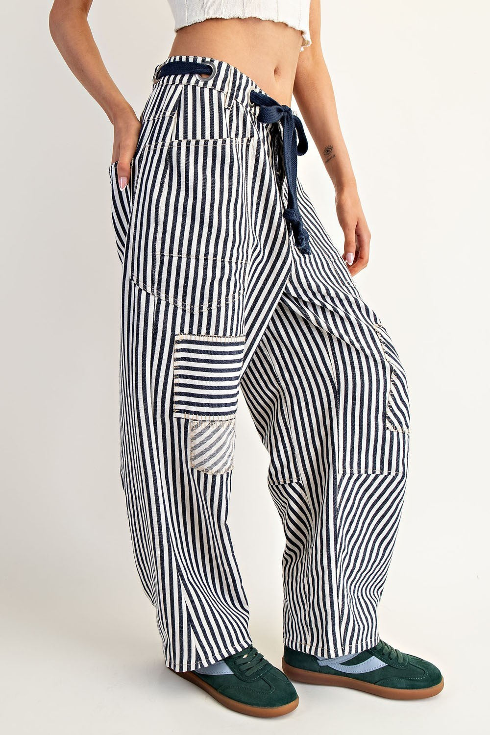Striped Barrel Pants - Navy