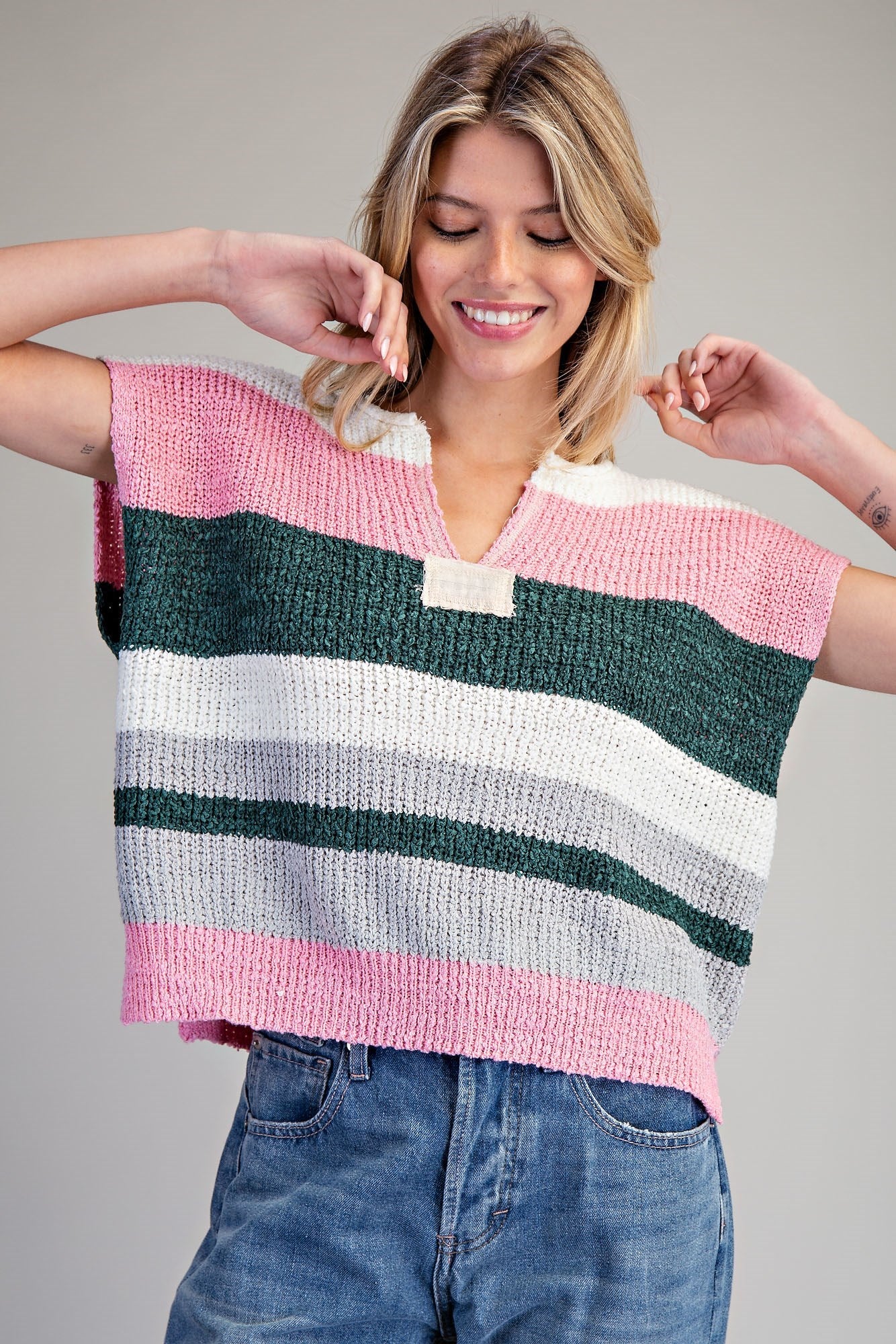 Striped Cap Sleeve Sweater - Forest Green / Pink