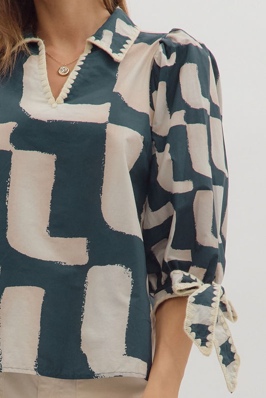 Navy Abstract Top with Bow Sleeve