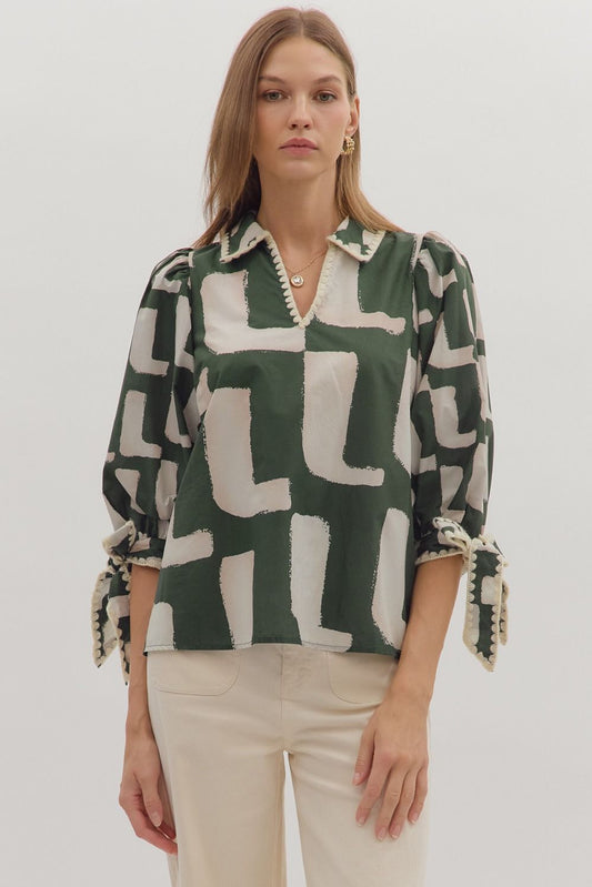 Olive Abstract Top with Bow Sleeve