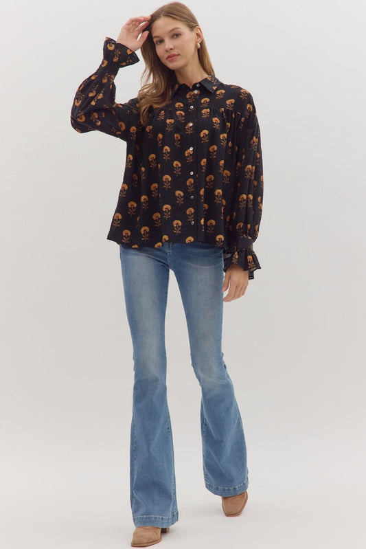 Black Fall Floral Long Sleeve Top