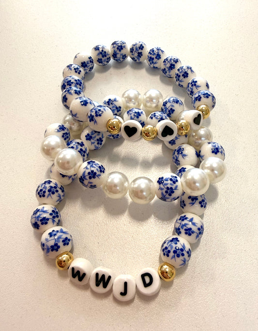 WWJD Blue Floral Bracelet Set