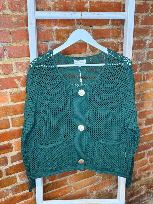 Green Cardigan with Gold Buttons