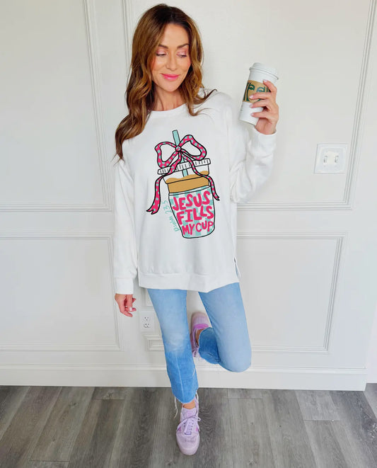 Jesus Fills My Cup (full length) White Sweatshirt