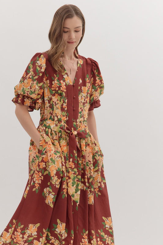 Espresso Fall Floral Midi Tie Dress