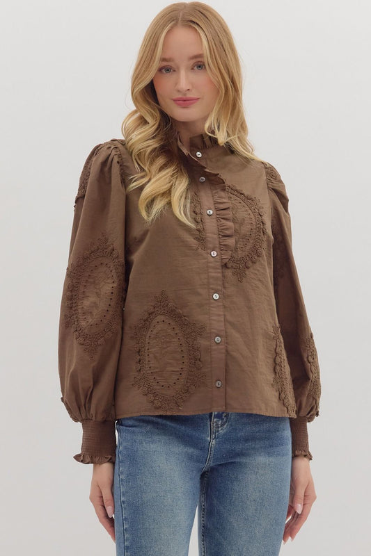 Chocolate Long Sleeve Floral Appliqué Top