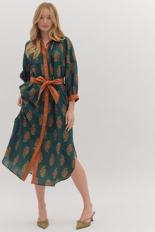 Hunter Green & Orange Floral Midi-Dress