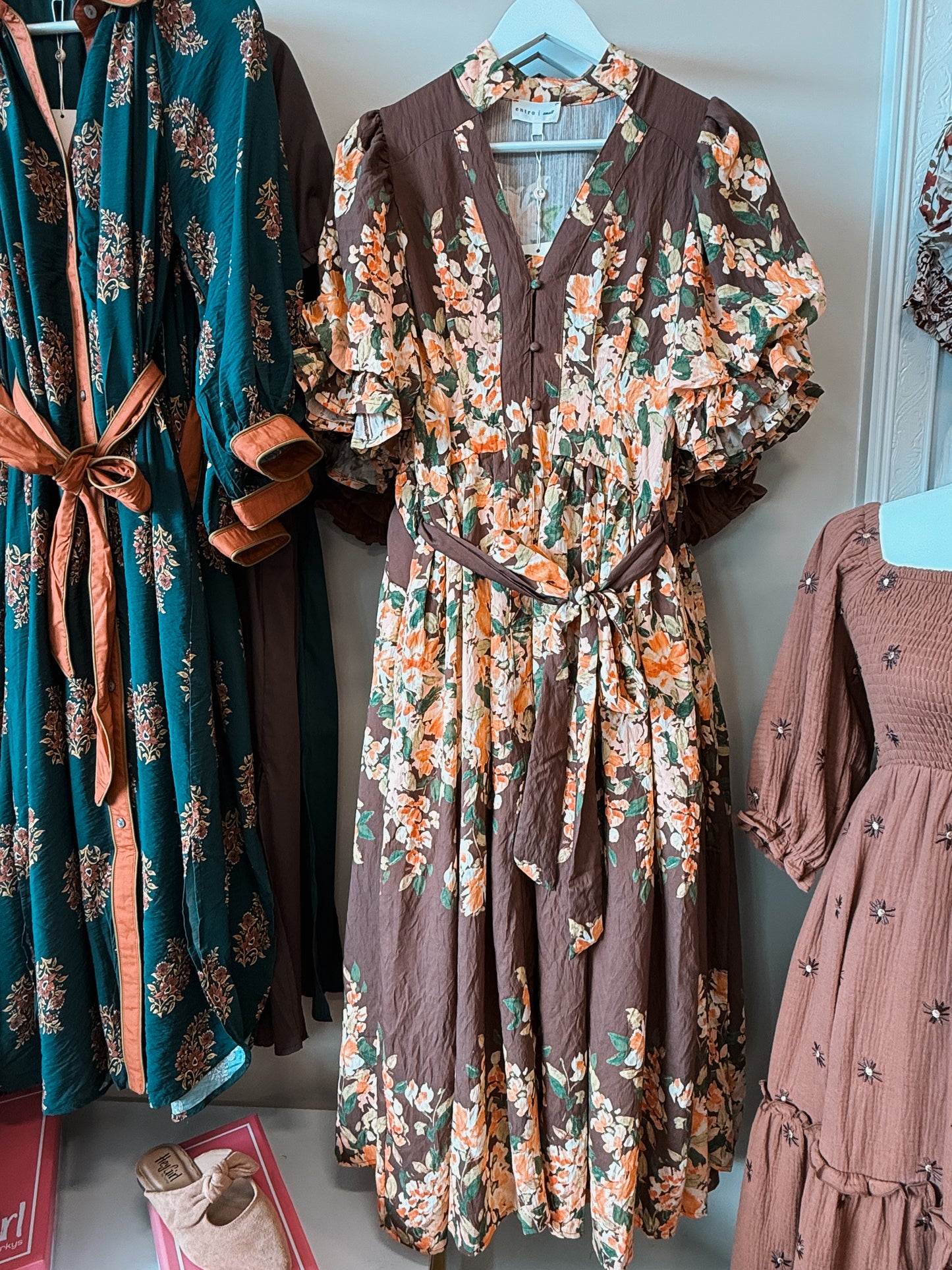 Espresso Fall Floral Midi Tie Dress