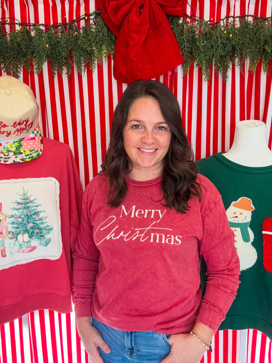 Merry Christ-mas Long Sleeve Red Mineral Wash Shirt