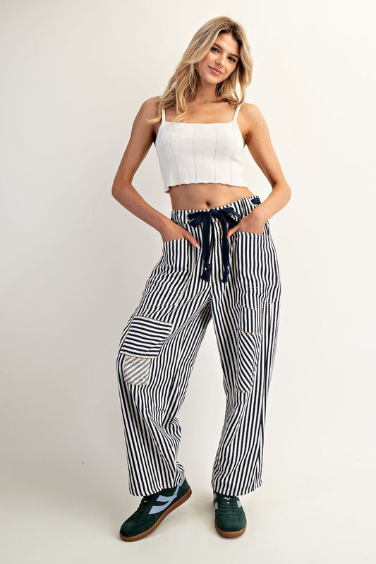 Striped Barrel Pants - Navy