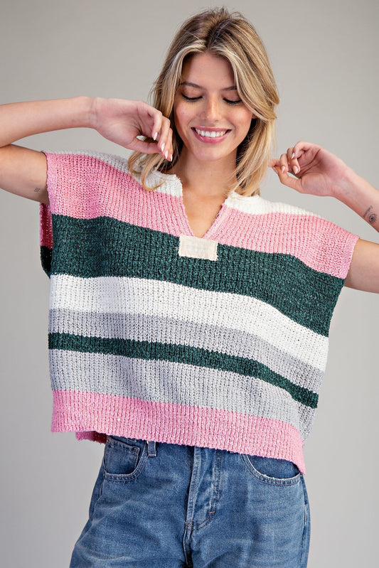 Striped Cap Sleeve Sweater - Forest Green / Pink