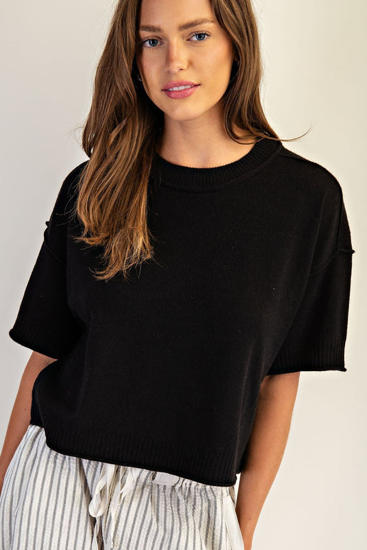 Round Neck Short Sleeve Sweater - Black