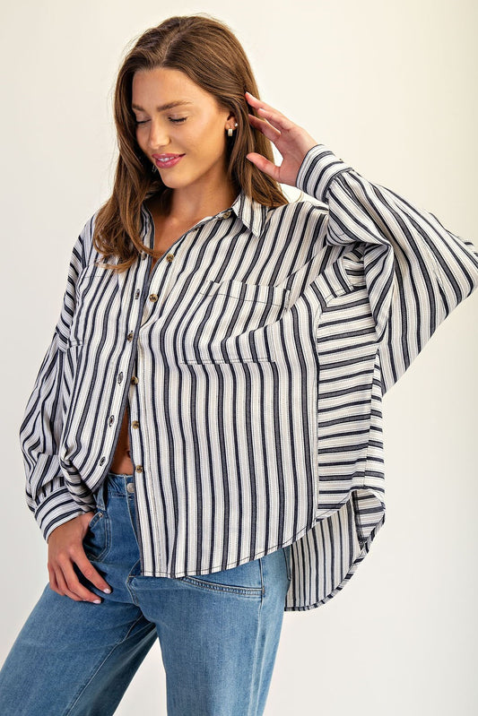 Striped Long Sleeve Button Down - Navy