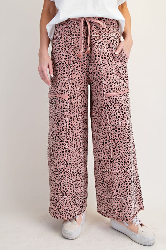 Easel Mineral Wash Pants - Rose Leopard