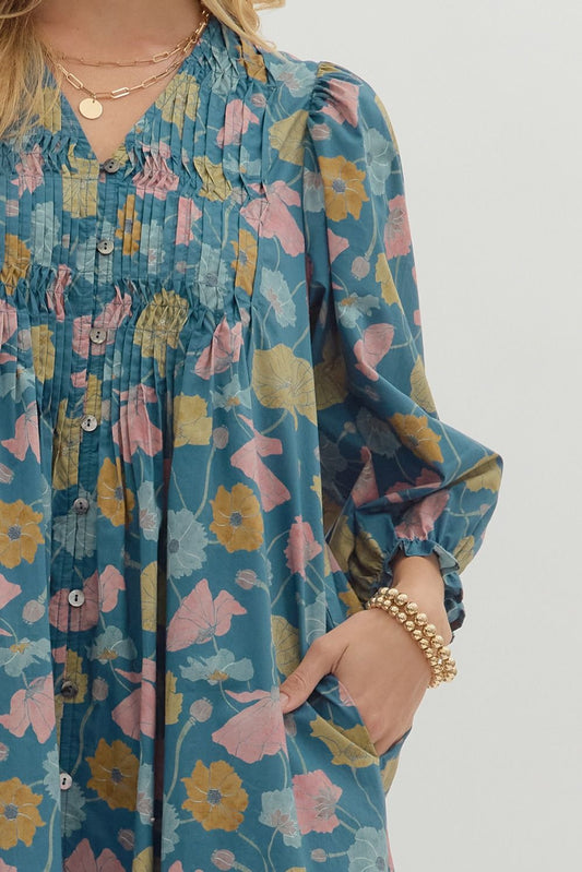 Fall Floral Dress - Teal