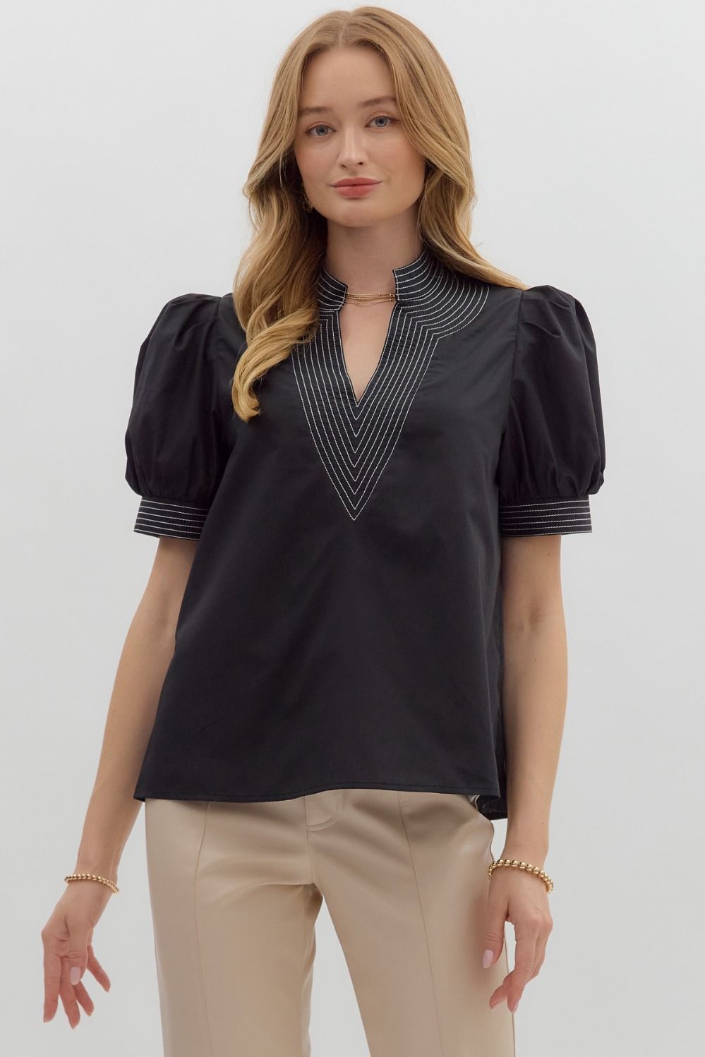 Black Collar Top with White Stitching